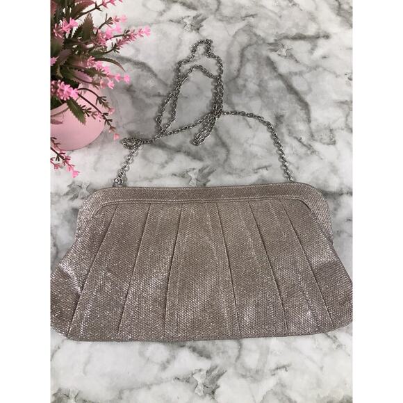 Jessica McClintock Sparkle Ring Clutch Chain Bow Evening Purse Classy 7"x13" - Picture 5 of 7